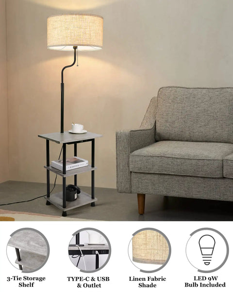 Solid Wood Floor Lamp With USB Type C Port And Outlet, End Table With Shelf, Reading Light With Drum Shade In Grey, next to sofa