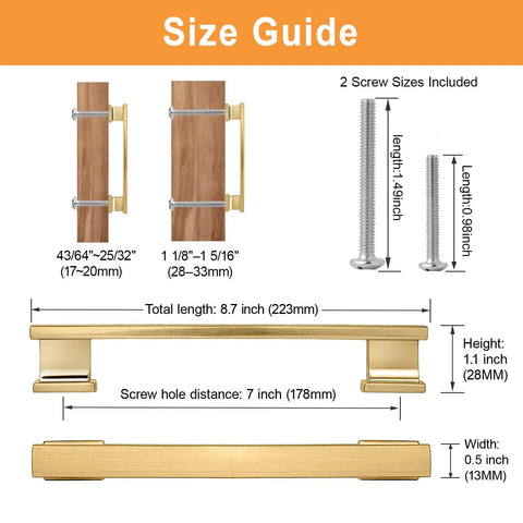 Size guide for Solid Zinc Alloy Square Brushed Gold Cabinet Pulls 20 Pack 7 Inch Hole Centers with screw size information.