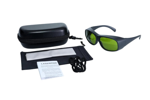 Legit Laser Safety Goggles For Hair Removal with case, cleaning cloth, and instruction manual for laser eye protection.