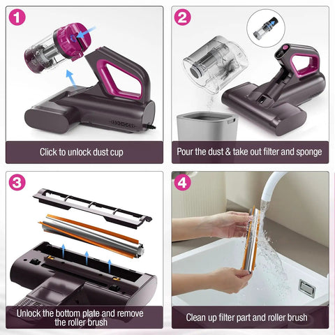 Step-by-step cleaning guide for Beast Power Mattress Vacuum Cleaner With 17Kpa Suction 650W Motor UV C Light Ultrasonic Heating 80000 RPM Brushroll