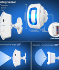 Wireless Motion Sensor LED Light Alarm with 500 ft range and loud chimes, showcasing sensor dimensions and detection angles.