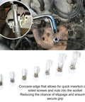 7 Piece Oxygen Sensor Socket Wrench Set And Cr Alloy O2 Removal Tool Kit For Grease Monkey Approved Garage Jobs, showing deep reach sockets.