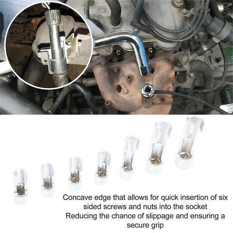 7 Piece Oxygen Sensor Socket Wrench Set And Cr Alloy O2 Removal Tool Kit For Grease Monkey Approved Garage Jobs, showing deep reach sockets.