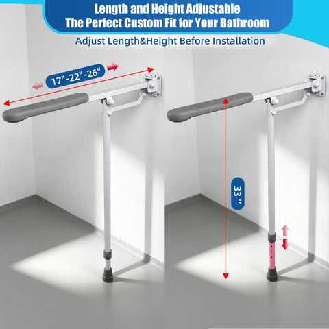 Adjustable Heavy Duty Flip Up Toilet Grab Bar With Adjustable Length And Height, 33 inch height, reinforced steel frame.