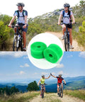 Bike Tire Liner Set for Mountain Bikes 2 Liners Puncture Protection, two green liners and mountain bikers on a trail