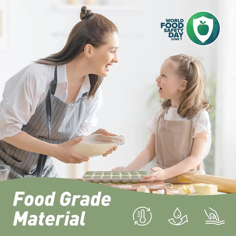 Mother and daughter smiling while using Top-Shelf Silicone Ice Cube Trays 4 Pack With Tight-Fitting Lids Easy-Peel Design.