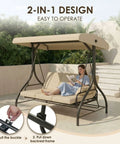 Three Seat Outdoor Patio Swing With Adjustable Canopy And Backrest Convertible Glider Bed On Stand Removable Cushions