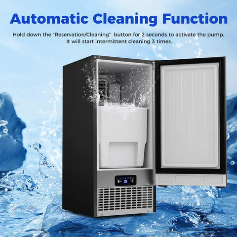 15 Inch Under Counter Commercial Ice Maker Produces 110 Lbs Of Ice Daily With 25 Lb Storage Capacity showing automatic cleaning function and water.