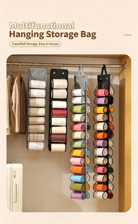 Slick Double Sided Hanging Closet Organizer With Sixteen Clear Pockets For Gym Gear And Casual Threads, Space Savvy Wardrobe Storage Hanger With Heavy Duty Clips, Keep Your Room Tight In Charcoal Gray, showcasing organized rolls in clear pockets.