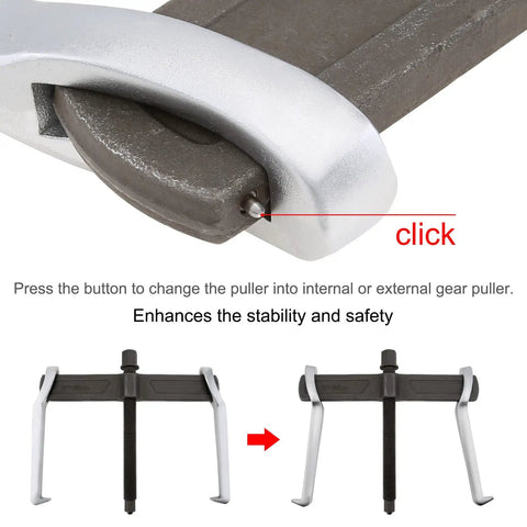 Detail view of Two Jaw Gear Puller Adjustable Bearing Puller, showing button for internal and external use, CRV steel.
