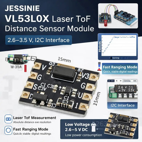 Close-up of VL53L0X Laser ToF Distance Sensor Module sporting slick I2C links and low voltage specifications.