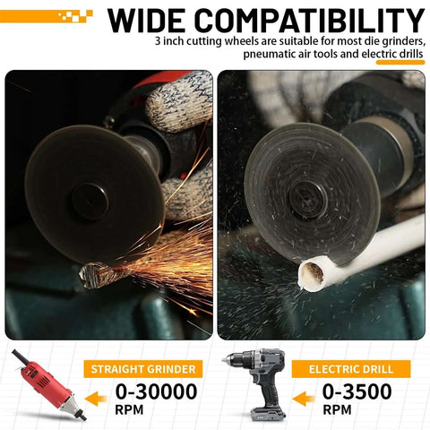 Wide compatibility of Five Piece Three Inch Cut Off Wheel Set With Quarter Inch Shaft Mandrel for grinders and rotary tools