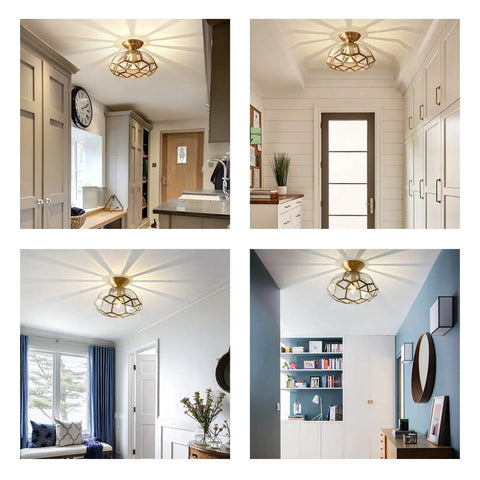 12 Inch Vintage Brass Semi Flush Mount Ceiling Light With Diamond Glass Dome Gold Copper Finish shown in various rooms