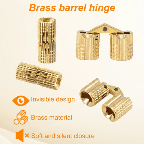 Top Shelf Eight Millimeter Hidden Brass Barrel Hinge Set With No Fuss Installation Drill Bit And Screws For Nailed It 180 Degree Furniture And Jewelry Box Diy Craft Projects shown in brass material, four pieces visible.