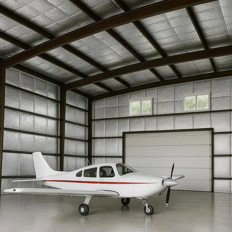 Aircraft hangar interior with Heavy Duty Reflective Insulation Roll With Foam Core R17 Radiant Barrier 5mm Thick 16 By 50 Feet.
