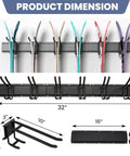 Heavy Duty Ski And Snowboard Wall Mount Rack Hangs And Stashes 6 Pairs Of Boards showing dimensions, hooks, and black steel frame.