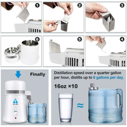 Diagram showing No Fuss Everyday Home Water Distiller 1 Gallon Maker 750W Power 4L Capacity with assembly steps and distillation rate.