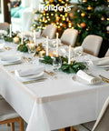 No Drama Cleanup Disposable Plastic Tablecloths Rectangle Table Cover 54X108 Inches White 10 Pack Heavy Duty Waterproof set on festive table.