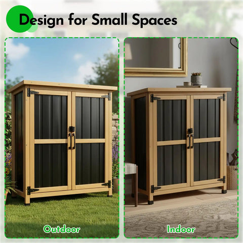 Tough As Nails Built To Last Outdoor Storage Cabinet waterproof wood and metal shed shown in outdoor and indoor settings.