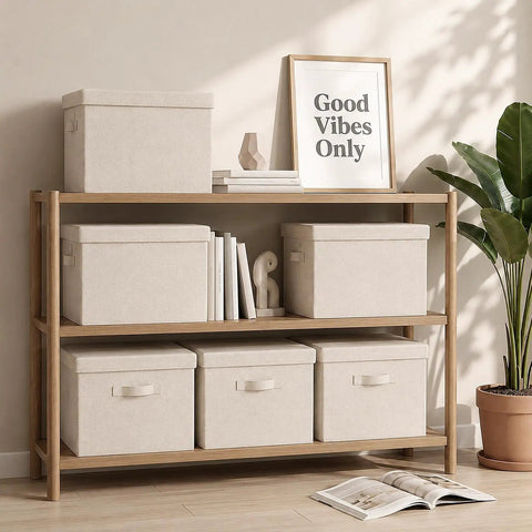 Hardcore Cotton Linen Storage Bins With Lids decorative closet containers on wooden shelf, beige, 17.5 x 12 x 11.5 inches, for organization.