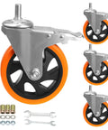Heavy Duty Stem Casters With Swivel Threaded Caster Wheels And Dual Locking Brakes Set Of Four Five Inch industrial roller with orange rubber wheel.