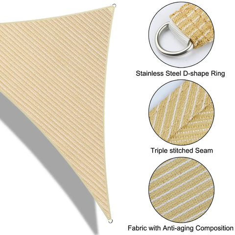 Triangle Shade Sail Canopy for Outdoor Patio Garden, 5 x 5 x 5 Feet, 185 GSM Fabric, beige, showing corner strap and seams