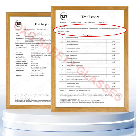Hella Durable 12 Pack Safety Glasses For Men And Women Featuring Tinted Lenses With Top Tier Impact Resistance And Ansi Z87 Certification test report in a wooden frame.