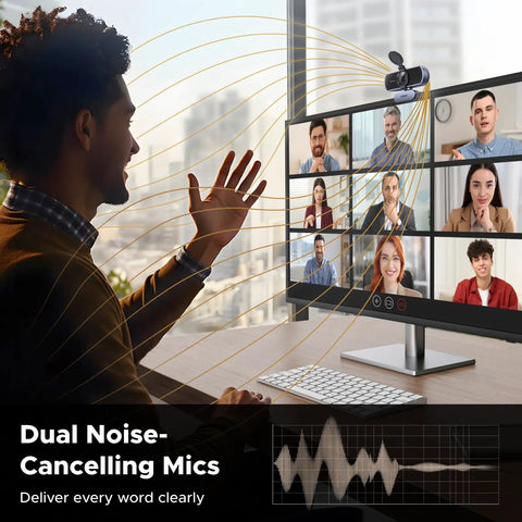 Person using 4K 30FPS Ultra HD PC Webcam With Microphone, Privacy Cover, for video call on computer screen featuring multiple participants.