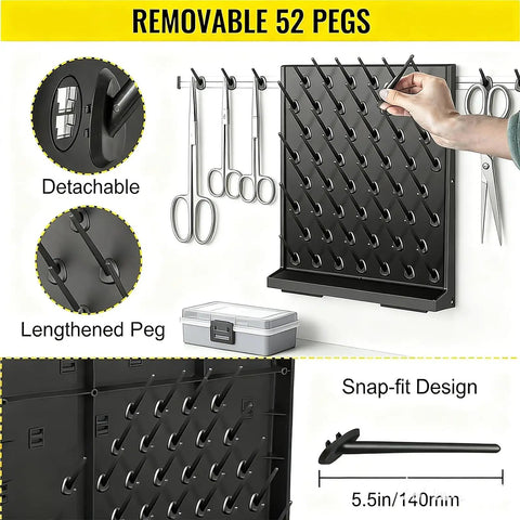 52 Rod Wall Mounted Laboratory Drying Rack With Drainage Outlet Design Detachable And Reassembleable For Lab Glassware Storage And Plant Propagation showing 52 removable pegs with scissors and a storage box.