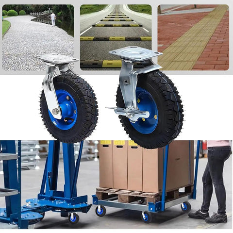 Heavy Duty Air Filled Rubber Swivel Casters Loaded With Rock Solid Industrial Trolley Wheels Featuring Grippy Lock Brakes For Workshop Carts And Shelving Units 2 Pack displayed mounted on a cart with boxes.