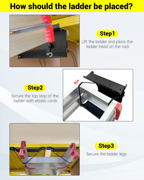 Installation steps for Heavy Duty Van Interior Ladder Storage Holder Overhead Truck Trailer Roof Rack Organizer showing ladder placement and securing.