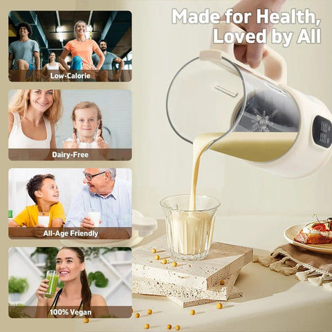 All In One Nut Milk Maker For Almond, Oat, Soy Milk And Plant Based Drinks, 40oz Capacity being used to pour milk into a glass