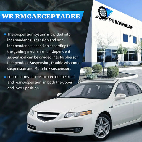 Front Suspension Steering Kit With Lower And Upper Control Arms Solid Replacement Bundle For Eliminating Free Play And Getting Your Rig Back On The Highway Ready displayed on a white Acura TL with a dealership background.