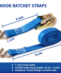 Four Pack Ratchet Straps 1 Inch Wide By 16.4 Feet Long With 2200 Lb Break Strength And Sturdy Metal Hooks Beefy Heavy Duty Tie Down Straps For Truck Cargo Trailer Motorcycle Luggage Moving With Work Gloves Blue, blue strap and J-hook close-up.