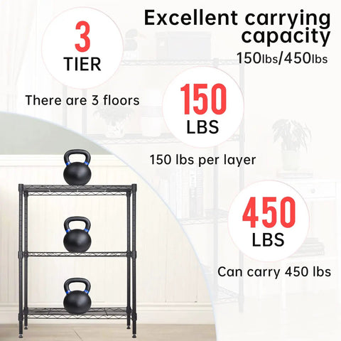 Tough As Nails Three Tier Wire Shelving Rack With Adjustable Steel Bars For Garage Home Closet Organization No Fuss Assembly Fits 23 By 13 By 30 Inches Holds Up To Four Fifty Pounds Black showcasing 3 tiers and weights of 150lbs per layer and 450lbs total.