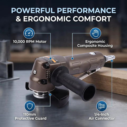 Pneumatic Air Angle Grinder Delivers Beast Mode 10000 RPM Power For Serious Metal Grinding And Polishing Ops On Ship Hulls Or Wood Projects Includes 110mm Disc With Quick 1/4 Inch Hookup showcasing 10,000 RPM motor and ergonomic design.