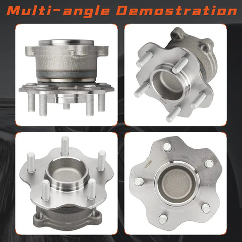 Heavy Duty Rear Wheel Hub And Bearing Assembly Direct Swap For Infiniti JX35 QX60 showing multi-angle views, steel construction, five lug design.