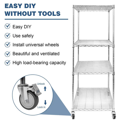 Heavy Duty 5 Tier Rolling Storage Rack With Wheels Tool Free Assembly Metal Wire Shelving Unit featuring easy DIY and universal wheels.