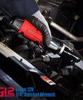 Mechanic using Compact 12V Cordless Ratchet Wrench With 1/4 Inch Alloy Head 30 Ft-Lbs Torque Built-In LED Light Li-Ion Power