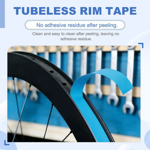 Close-up of Tubeless Rim Tape 25mm By 10m PET Tire Liner for MTB Road Gravel City Touring Bicycles Blue fitting on wheel.
