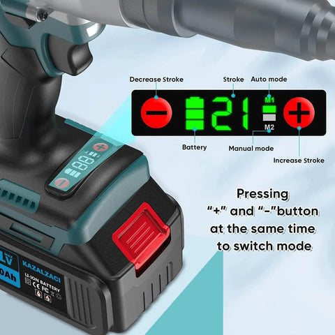Close-up of the control panel on a Cordless Electric Rivet Nut Gun With 26V Portable Battery showing battery and stroke settings.