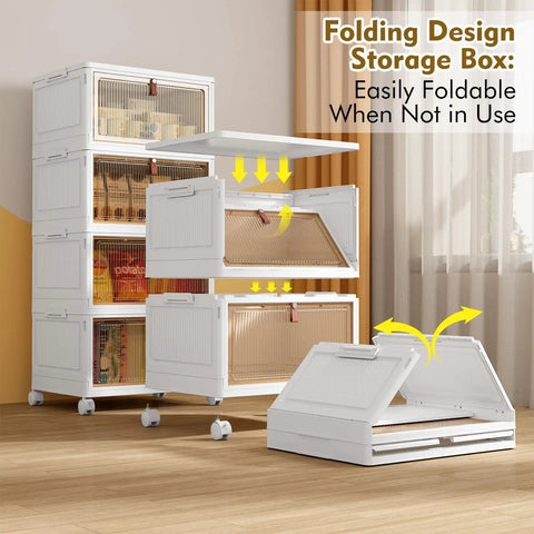 Four Tier Foldable Plastic Drawer Storage With Wheels, stackable bins with lids, transparent panels for quick view, in living room
