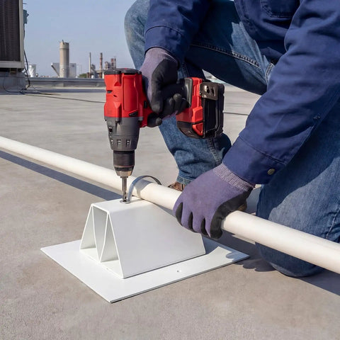 Man using a drill on an Eight Pack Six Inch Pvc Pipe Support Block for rooftop conduit installation.
