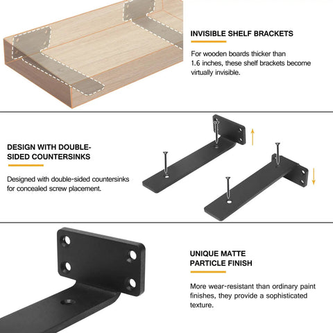 Heavy Duty Floating Shelf Brackets 8 Inch Hidden Mount showing matte black iron design with concealed screws for wall shelving.