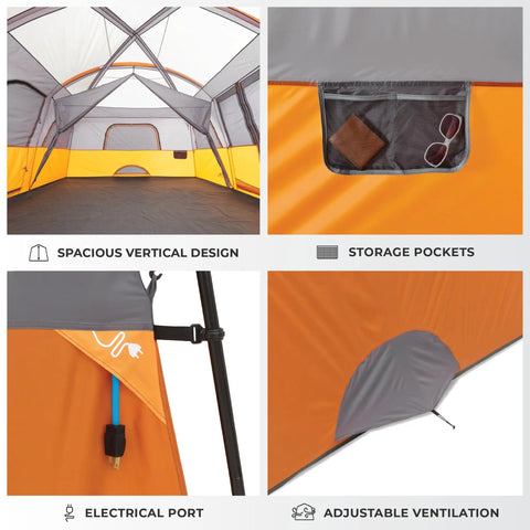Spacious 12 Person Cabin Tent For Family Camping With Multiple Rooms, featuring storage pockets and weather resistant design.