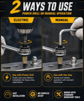 Image showing uses of Built Damn Tough M3 Through M12 Rivet Nut Tool Kit with electric drill and manual hex key options.