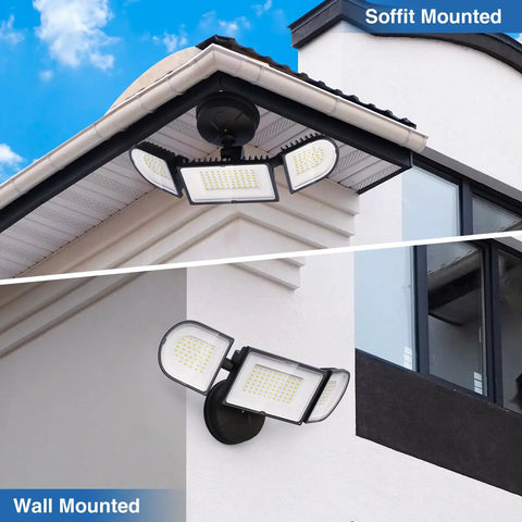 No Cap 150W LED Flood Lights Outdoor With 3 Adjustable Heads, IP65 Waterproof Design, mounted on wall and soffit.