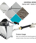 Pro Grade Air Powered Stucco And Mortar Sprayer With Deep Hopper And Four Quick Change Nozzles for efficient ceiling and wall application.