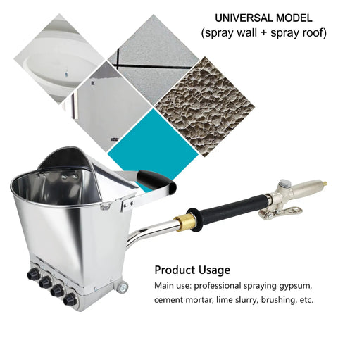 Pro Grade Air Powered Stucco And Mortar Sprayer With Deep Hopper And Four Quick Change Nozzles for efficient ceiling and wall application.