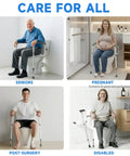 Adjustable Toilet Safety Rails For Seniors With Locking Mounts To Seat Holes For A Rock Solid Base That Eliminates Wobble While Providing Reliable Support For Standing And Sitting To Keep Mobility Impaired Users Safe And Secure Inside The Bathroom with seniors, pregnant, post-surgery, and disabled users shown.